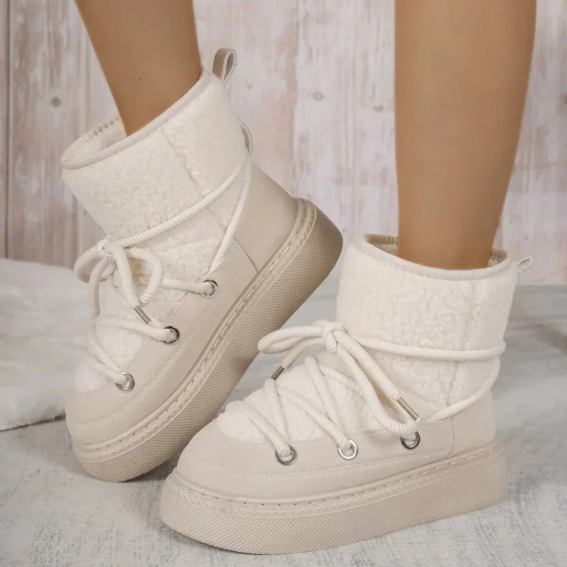 Women's Thick-Soled Cross-Strap Women Winter Round Toe Ck Plush Mid Heel Water Proof Casual Warm Snow Boots