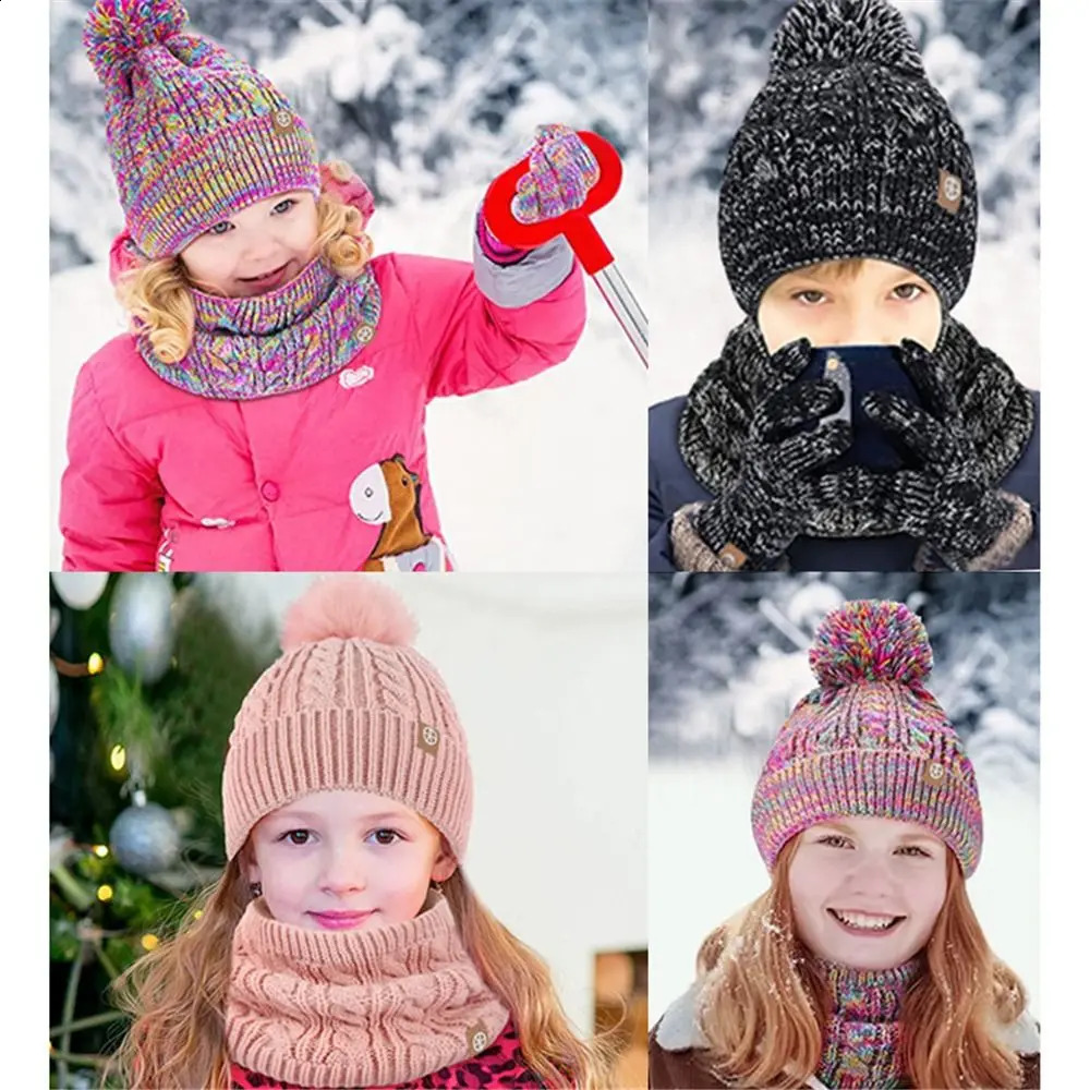 Leisure Knitted Childrens Winter Hat Glove Scarf Set Warm Neck Warm Girl Beanie Hat with Pom Cold Weather 241105