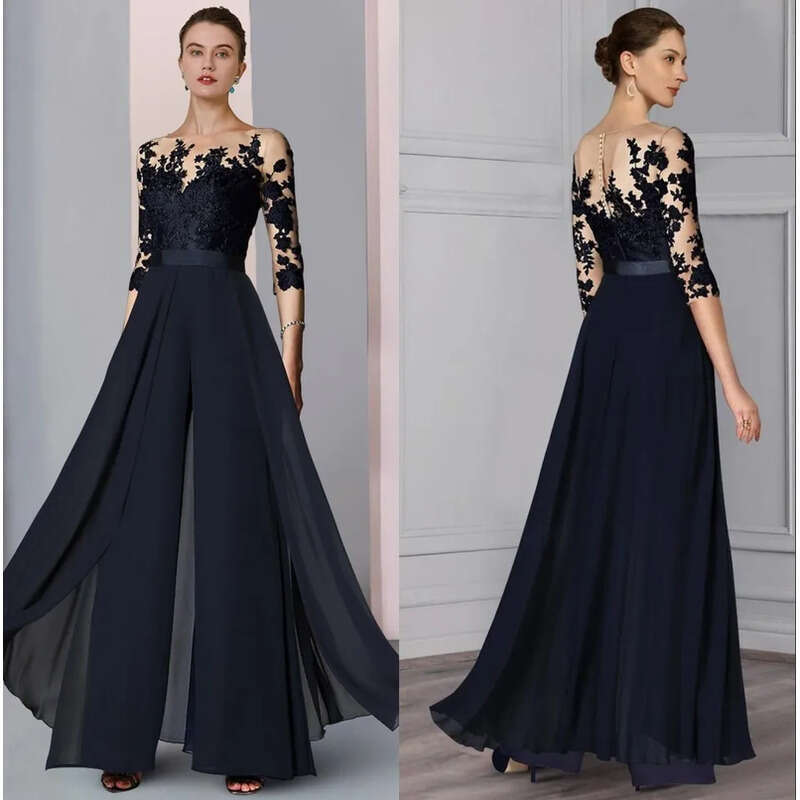 Mother Elegant Jumpsuits Of The Bride Dresses Sheer Long Sleeves Lace Applique Chiffon Evening Party Gowns Pantsuits Plus Size Guest S Dress BC