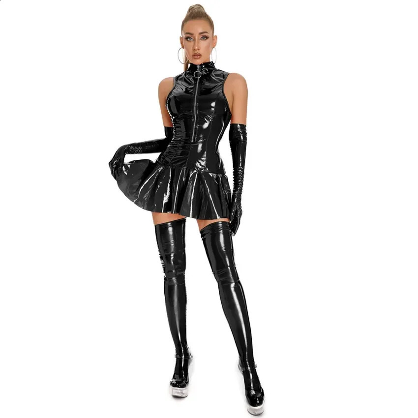Women Sexy Glossy PVC Leather Slip Dress Lady Erotic Shaping Pleated Short Zipper Porn Breast Exposing Latex Mini 241105