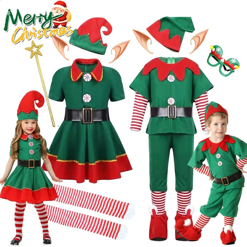 Santa Claus costume girl boy role-playing green elf carnival party 2025 Year fancy dress childrens Christmas costume set 241105