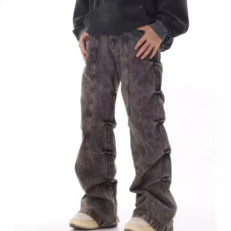 Vintage Pleated n Jeans Men Women Grey Distressed Wide Leg Pants American Style High Street Straight Baggy Korean Trousers 241105