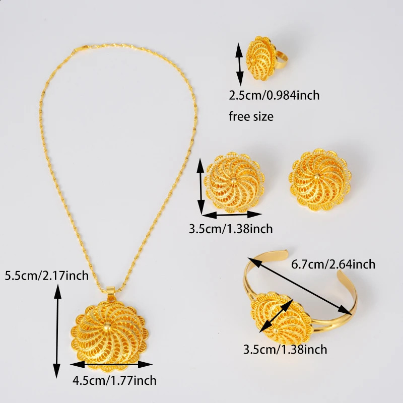 4 pieces/batch Ethiopian gold necklace Dubai jewelry set Habesha earrings ring pendant bracelet Arab African bride jewelry 241105