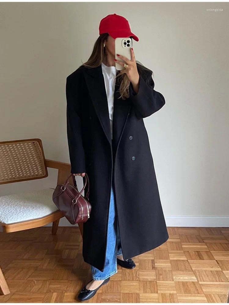 Women's Jackets Solid Woolen Lapel Long Coats For Women Loose Full Sleeve Double Breasted Shoulder Pads Overcoats 2024 Autumn Lady Outwears