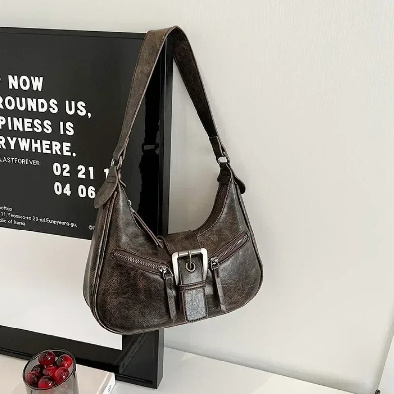 Retro Belt PU Womens Leather Shoulder Bag Y2K Small Retro Womens Underwear Horizontal Bag Fashion Handbag 241105