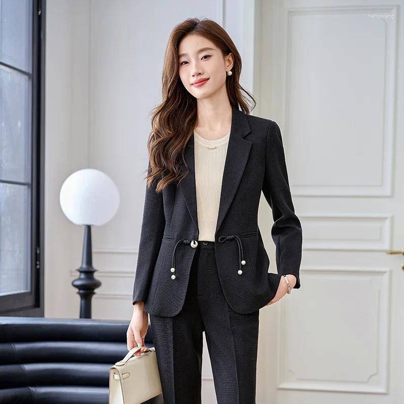 Chinese Style 2-Piece Women's Pants Suit, Elegant Buckle Overalls For Business Or Casual Wear