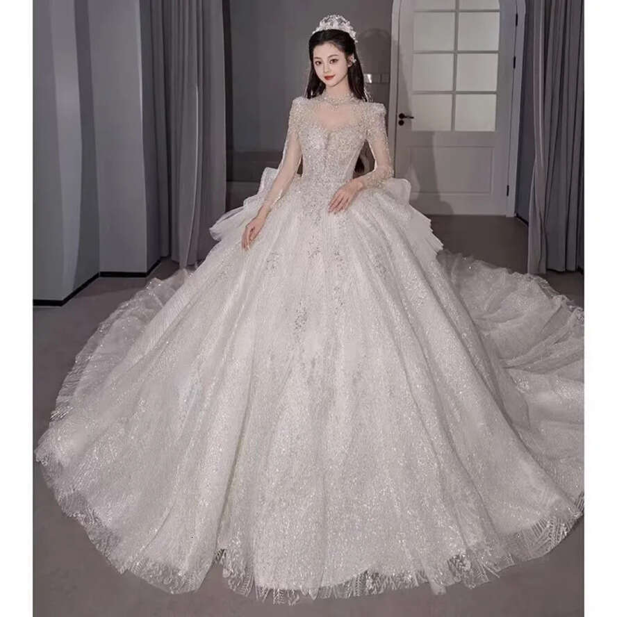 Wedding A E Dresses Shiny Long Sleeve Lace Appl Plus Size Bridal Party Gowns Robe Marriage Court Train Vestidos De Noiva Formal Bride Wed Dress