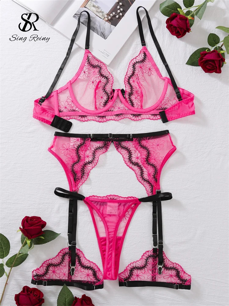 SINGREINY Fashion Embroidery Porno Bra Suits Ladies Transparent Garter Sheath Sleepwear Women Sheer Club Slim Underwear Sets 241105