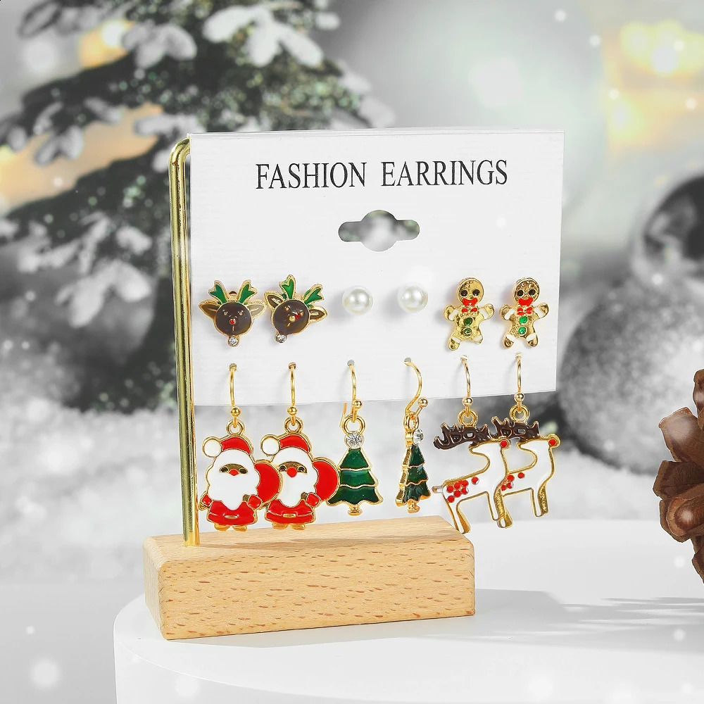 6 pairs n Trendy Xmas Tree Brown Elk Snowman Santa Claus Earrings Christmas Gifts For Women 241105