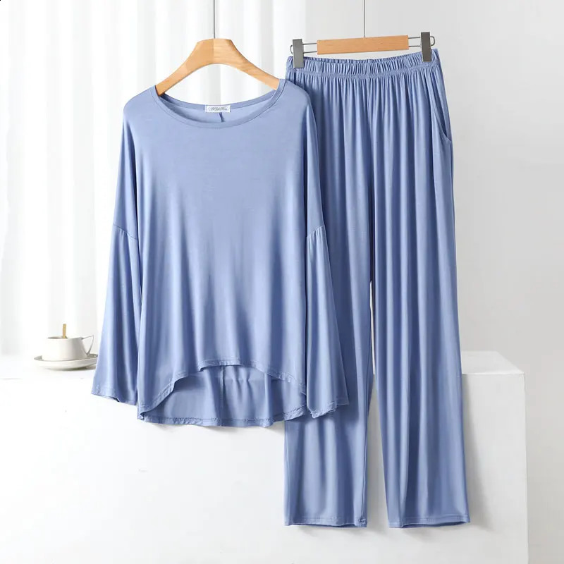 Model Skin-Friendly Long-Sleeved Trousers Pajamas Suit Womens Spring Autumn Section Loose and Comfortable Home Service 2-Piece 241105