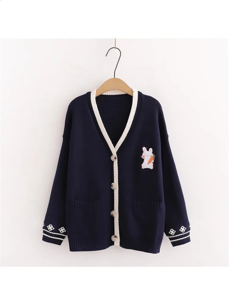 Autumn Korean Mori Girl Sweet Sweater Lolita Cute Bunny Embroidery Knitted Top Japanese Women Long Sleeve Cardigan Coat Knitwear 241105