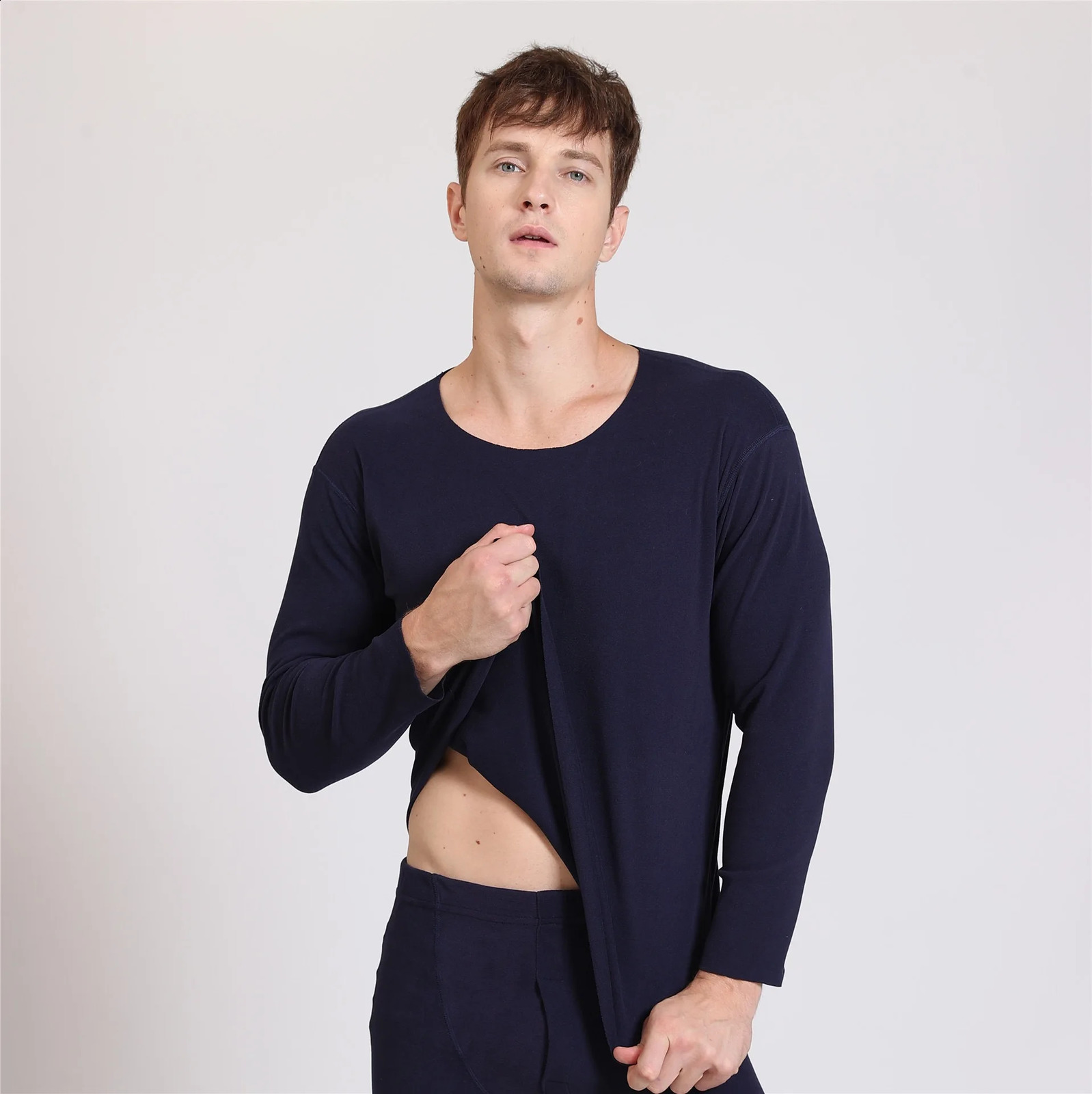 1pcs Autumn Winter Seamless Mens Long-sleeved Thermal Underwear Man Plus Size Round Neck Thin velvet Autumn clothes Tops XL-7XL 241105