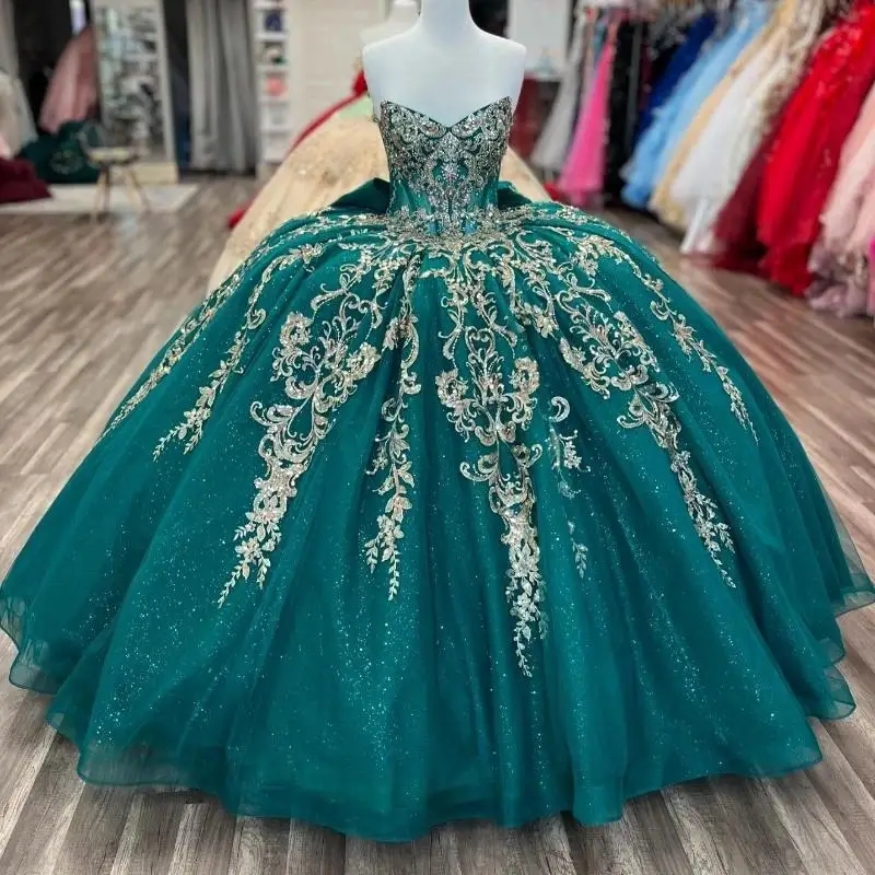 Emerald Green Shiny Quinceanera Dresses Off The Shoulder Princess Applique Lace Bow Beads Crystal Tull Sweet 16 Birthday Party Vestido De 15 Anos