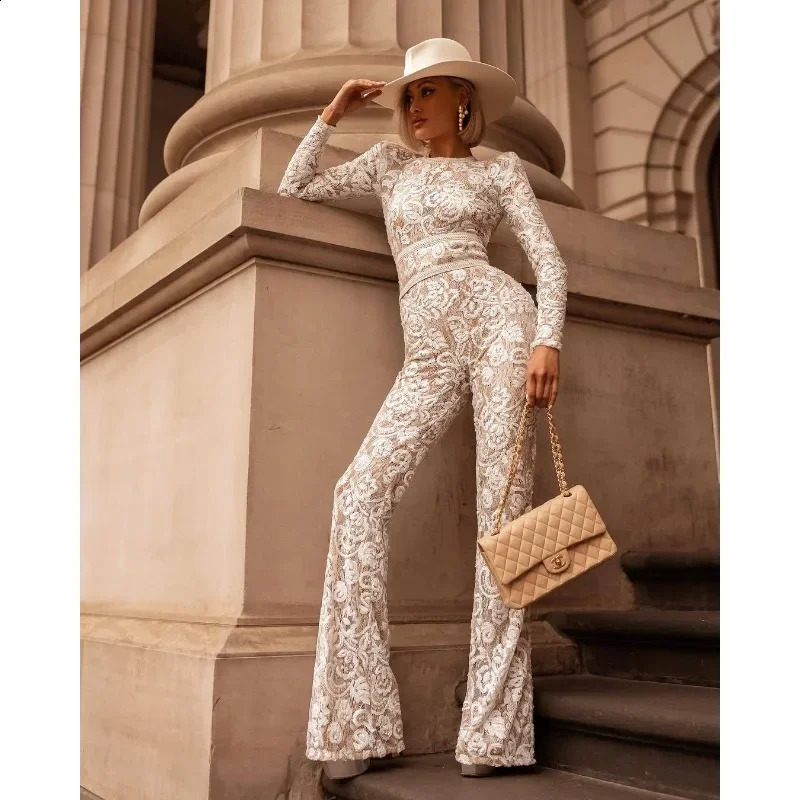 Sexy long sleeved O-neck high waistband hollow embroidered sparkling pants an elegant womens lace tight corset jumpsuit 241031