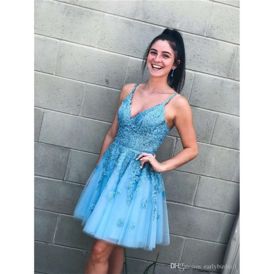 A E Blue V Neck Homecoming Lace Sleeves Mini Sweet Atil Party Dresses Formal Short Prom Dress Backless