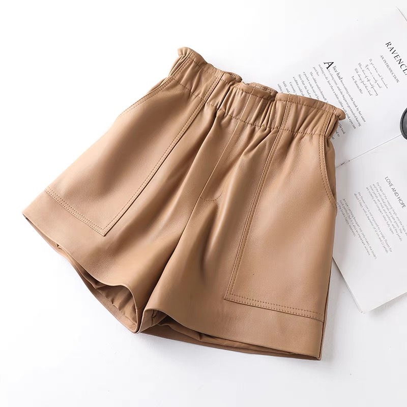 Genien Leather For Women 2024 New Fashion Elestic High Waist Short Pants Female Streetwear Shorts Casual Style
