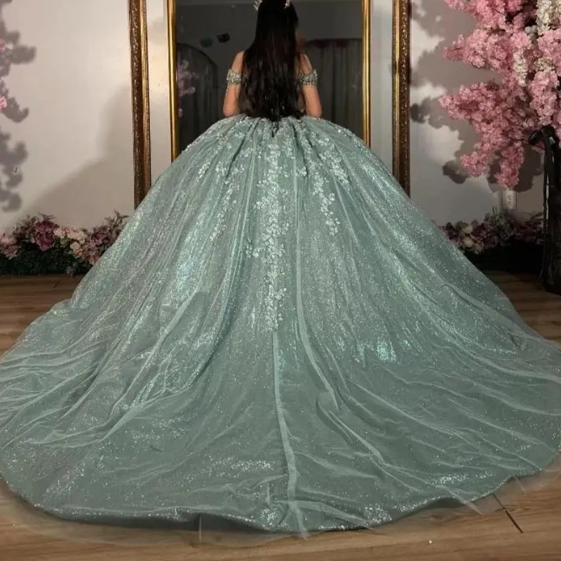 Mint Green Shiny Sweetheart Quinceanera Dresses Ball Gown Off the Shoulder Sequin Appliques Lace Beads Tull Vestido De 15 Anos Sweet 16 Dress