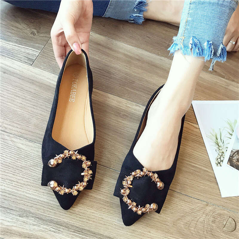 Korean Spring And Autumn Versatile Metal Buckle Pointed Shallow Mouth Suede Women's Comfortable Soft Bottom Fairy Style Flat Single Shoes For Wom