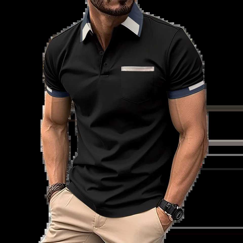 2024 new mens casual shirt chest pocket V-neck button stripe splicing solid color lapel mens slim fit shirt W241104