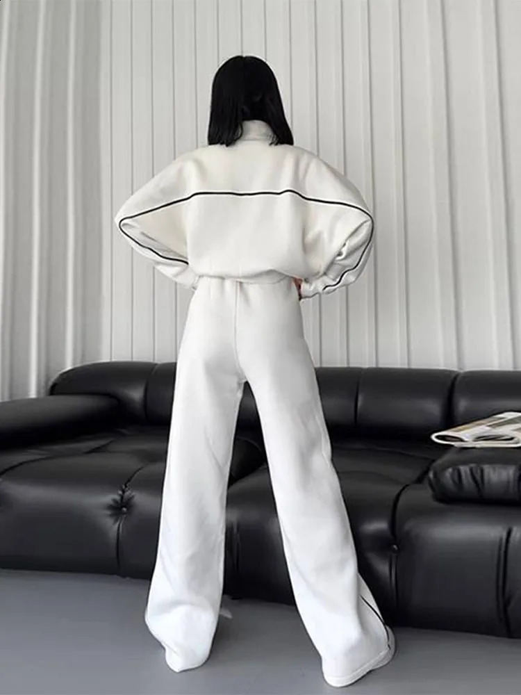 Sport Stripe Sweatshirt Two Piece Set Women White Turtleneck Long Sleeve Elastic Waist Pant Sets Female 2024 Autumn Winter 241105