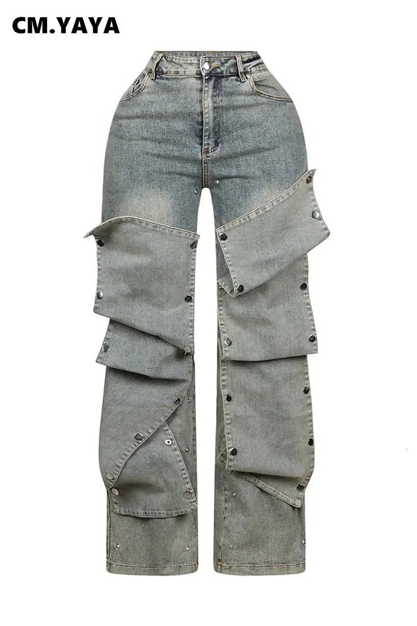 CM.YAYA Womens Street Clothing Button Cut Cargo Straight Denim Wide Leg Jeans Pants INS Elastic Fashion Party Cargo Truck 241031