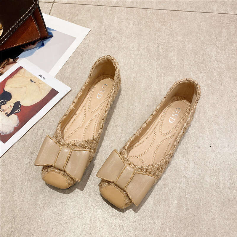 Korean Version Single Shoe 2023 Summer New Women's Flat Bow Shallow Mouth Square Toe Shoes Apricot Cloth Surface