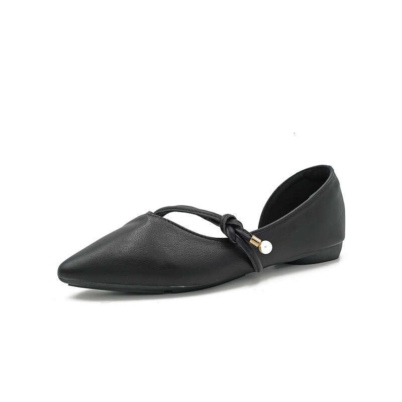 Fairy Style Gentle Shallow Mouth Single Women's Korean Version Spring New Item Pearl Leather Soft Sole Side Hollow Pointed Flat Bottom Scoop Shoe