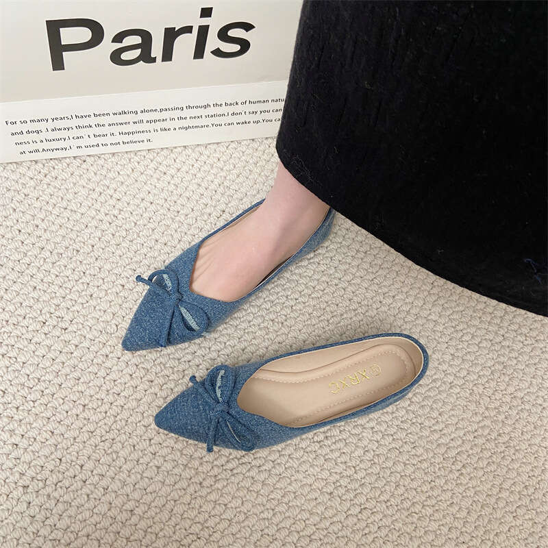 Korean Fashion Bow Soft Sole Single For Women In Spring 2024, New Comfortable Fabric Surface, Shallow Mouth Pointed Flat Bottomed Scoop Shoe
