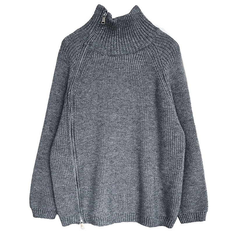 Winter Women's Sweater Fashion Personality Side Open Double Head Zip High Neck Loose Oversized Casual Knit Top Coat Warm Jumper
