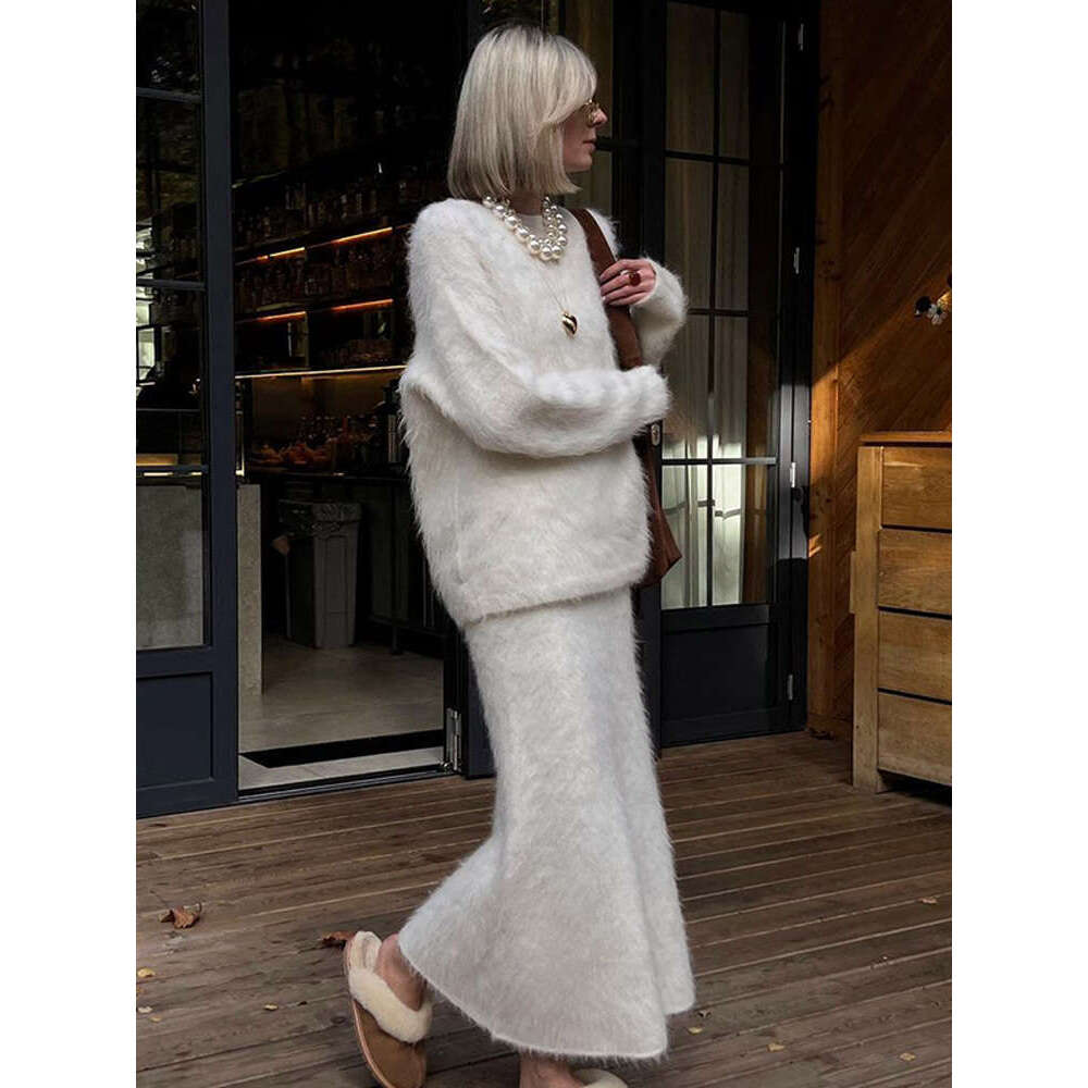 Women Solid Mohair Cashmere Sweater Skirt Suit Fashion O Neck Long Sleeve Knit Pullover Set Autumn Chic Lady Street Outfits