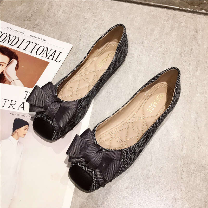 2023 Autumn New Versatile Butterfly Bow Square Head Flat Checkered Fabric Soft Soled Shallow Mouth Bean For Women, Single Shoes