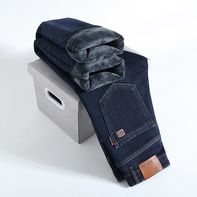 2024 Winter Fleece Thick Warm Men Jeans Slim Skinny Stretch Straight Classic Version of Denim Plush Pants Male Clothing 241105