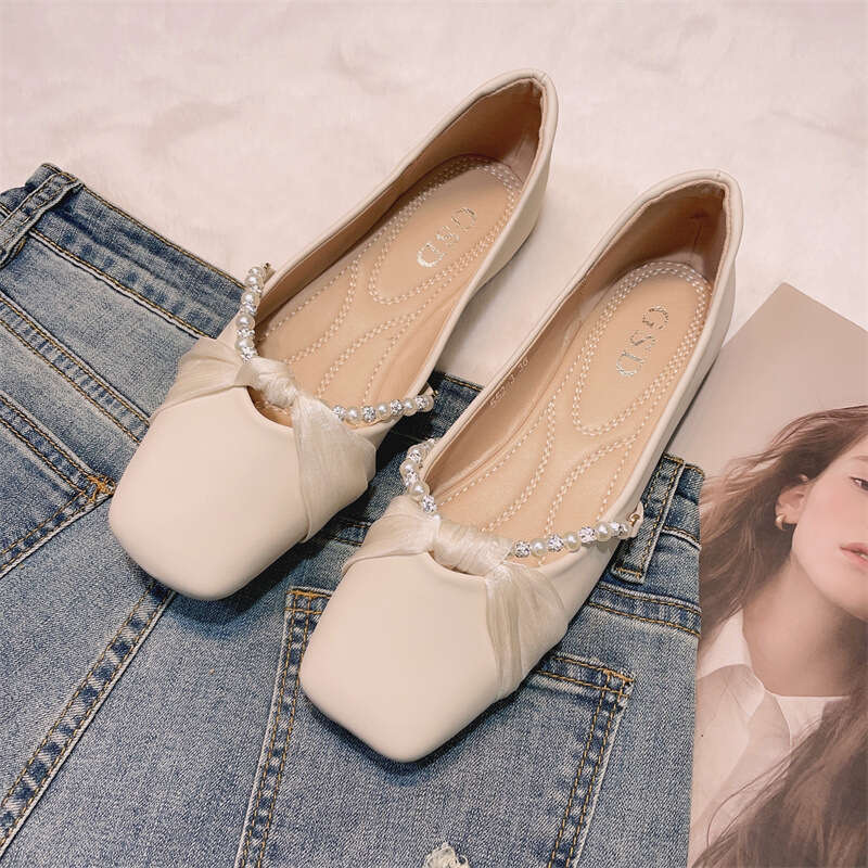Fairy Style Evening For Women Korean Version Spring/Summer New Item Beaded Square Toe Shallow Mouth Leather Soft Sole French Women's Singles Shoe