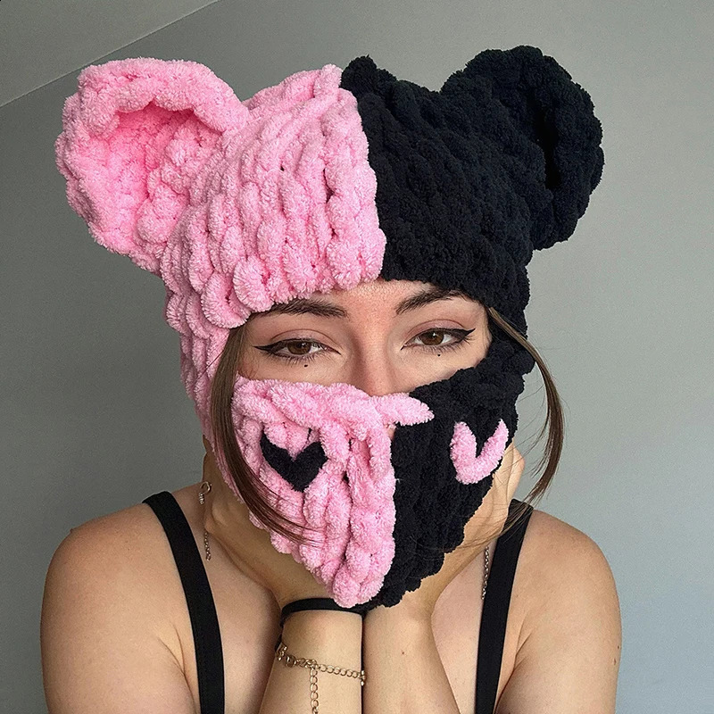 Funny Ears Knitted Hat Beanie Contrast Color Heart Creative Fall Winter Warm Full Face Ski Facewear Caps Windproof for Women 241105