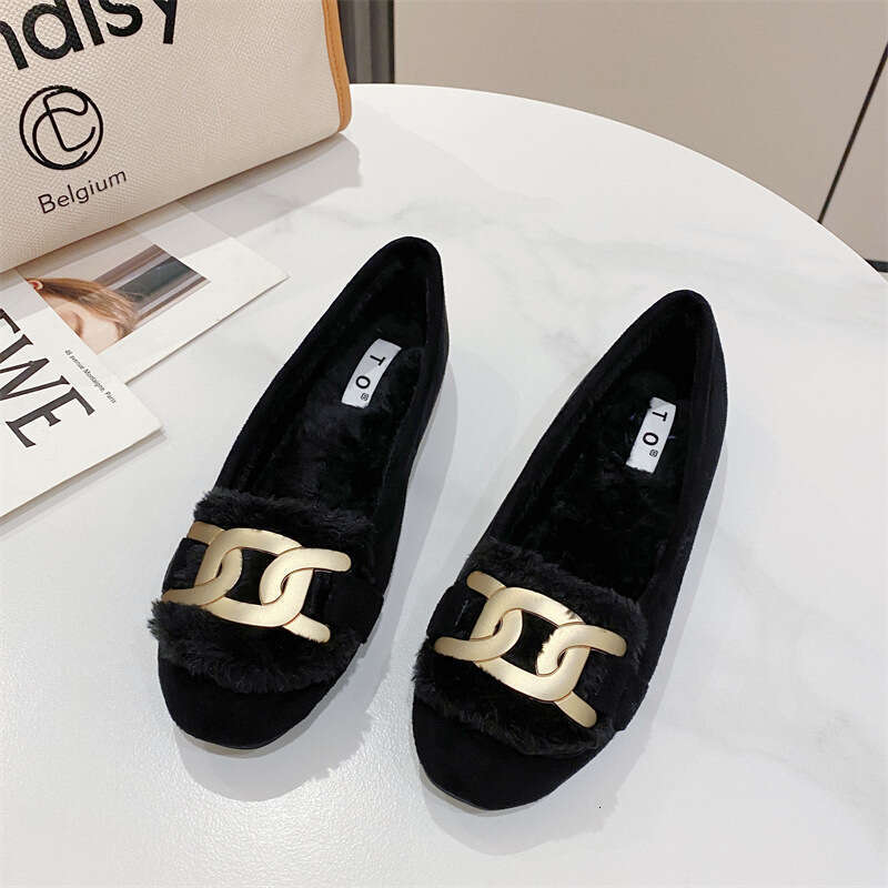 2023 Autumn/Winter New Single Head Metal And Fleece Fur Women's Fairy Suede Shallow Mouth Flat Shoes