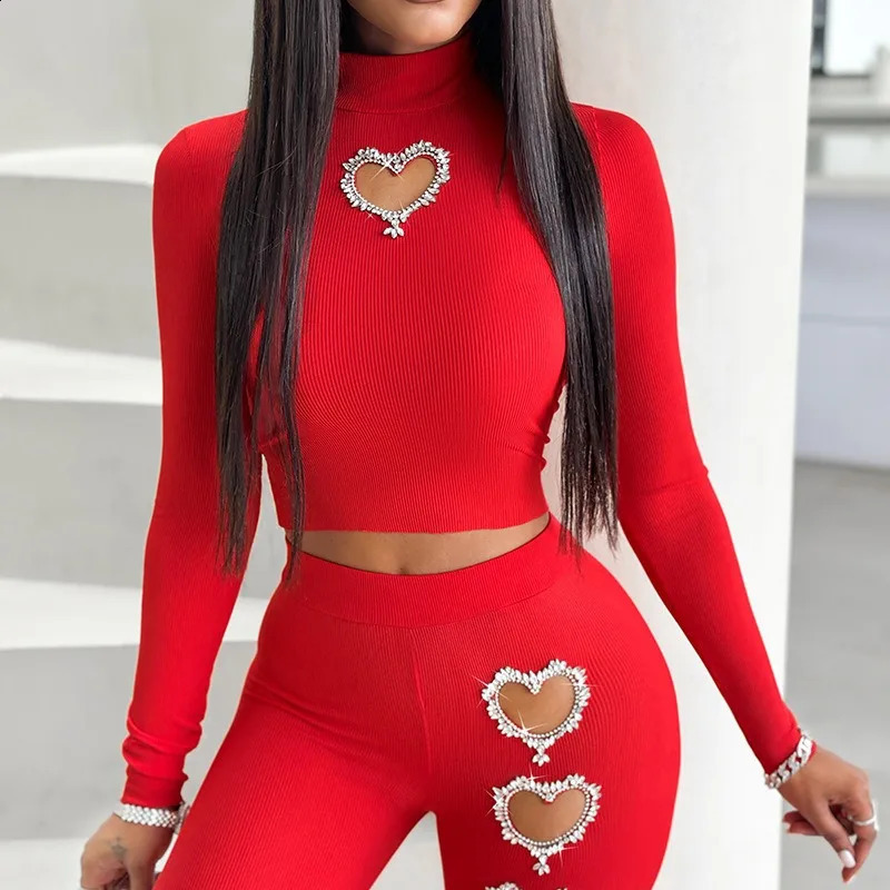 Two Piece Sets Wome Sexy Solid Pant Set Turtleneck Full Sleeve Slim Fit Tops Hollow Out High Waist Long Pants Sheath 2024 241105