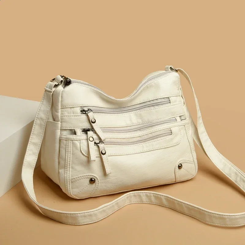Fashionable soft leather cross body bag casual womens multi pocket messenger bag retro shoulder handbag 241105