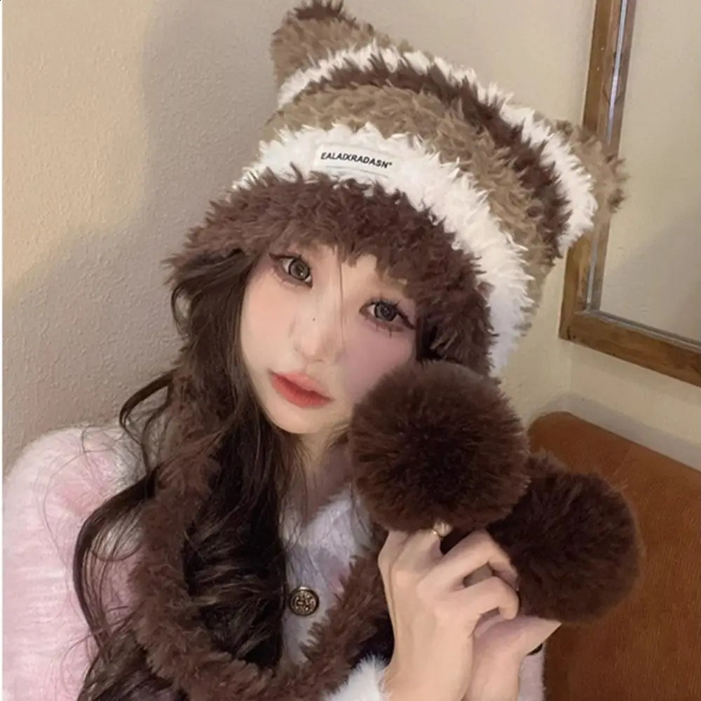 Cute Cat Ear Women Knitted Hat Thick Warm Contrast Stripe Winter Beanies Cap Windproof Protection Pullover 241105