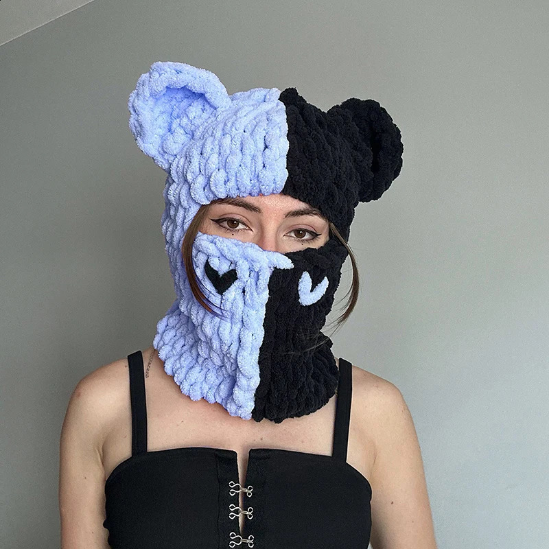 Funny Ears Knitted Hat Beanie Contrast Color Heart Creative Fall Winter Warm Full Face Ski Facewear Caps Windproof for Women 241105