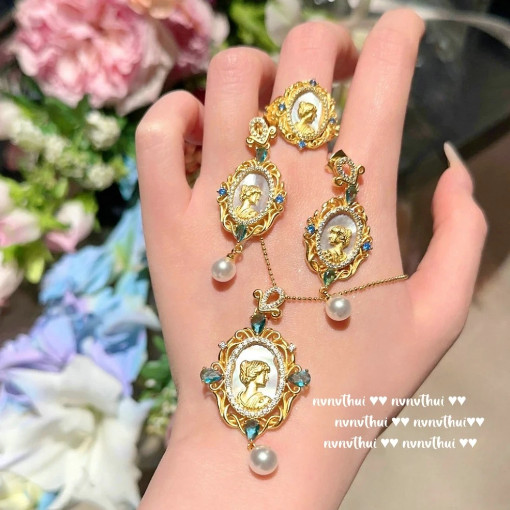 Original 18K Gold Plated Exquisite Carving Goddess Face Jewelry Sets with Zircon Court Style Retro Women Ring Earring Necklace 241105