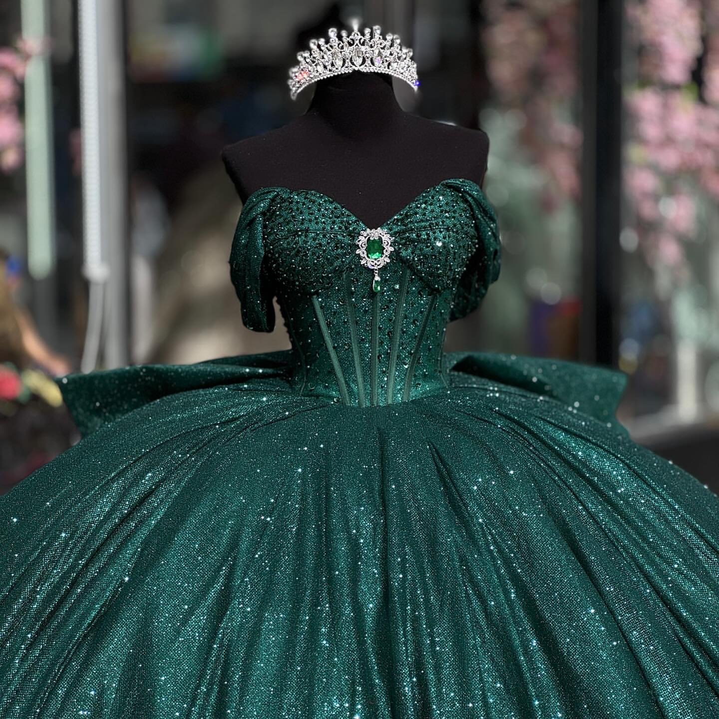 Dark Green Princess Dresses Ball Gown Off Shoulder Glitter Sequins Dia Vestido De Quinceanera Bodice Sweet 15 Masquerade Dress Lz0304