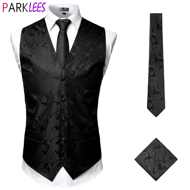 Mens Black Paisley Tuxedo Suit Vest Classic 3pc and Necktie Pocket Square Formal Dress Waistcoat for Gilet Homme 3XL 241105
