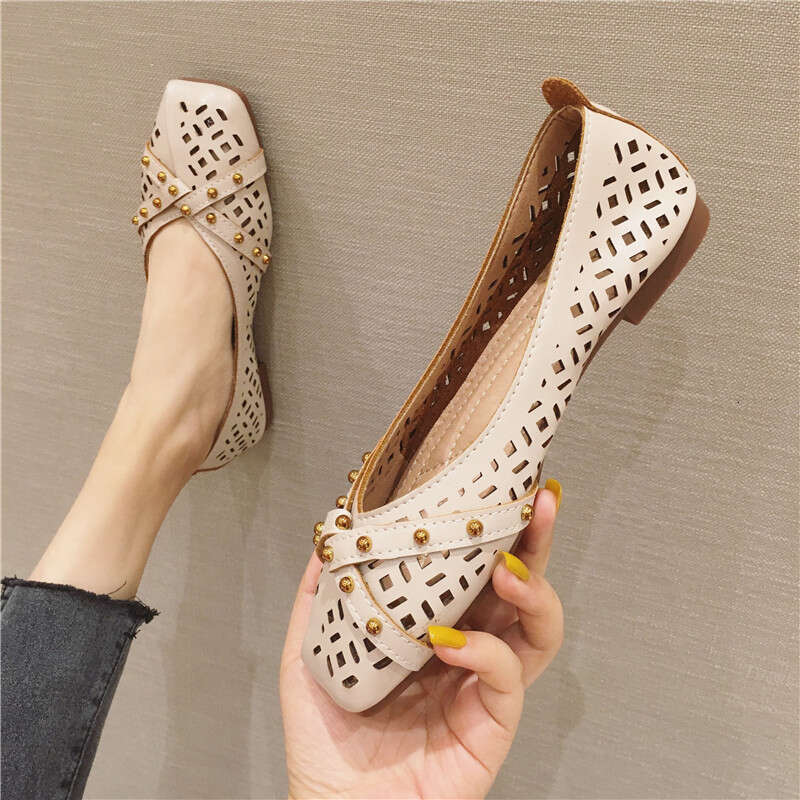 Korean Version Gentle And Versatile Square Toe Shallow Cut Hollow Breathable Sole Flat Heel For Women, Bean Shoes, Summer Soft Soled Ladybird Shoes