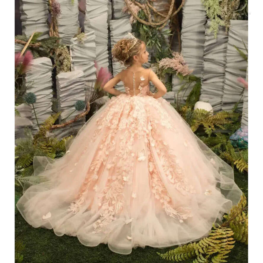 Lace Dree Pink Prince Gorgeou A E Sheer Neck D Butterfly Wer Long Girl Pageant Gown Kid Toddler Communion Birthday Dre Bc S