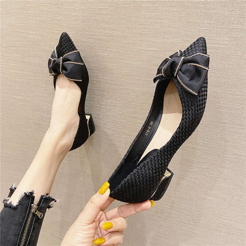 Mid To Low Order Shoes For Women 2020 Korean Version Autumn New Item Pointed Weave Versatile Thick Heel Ladies High Heels