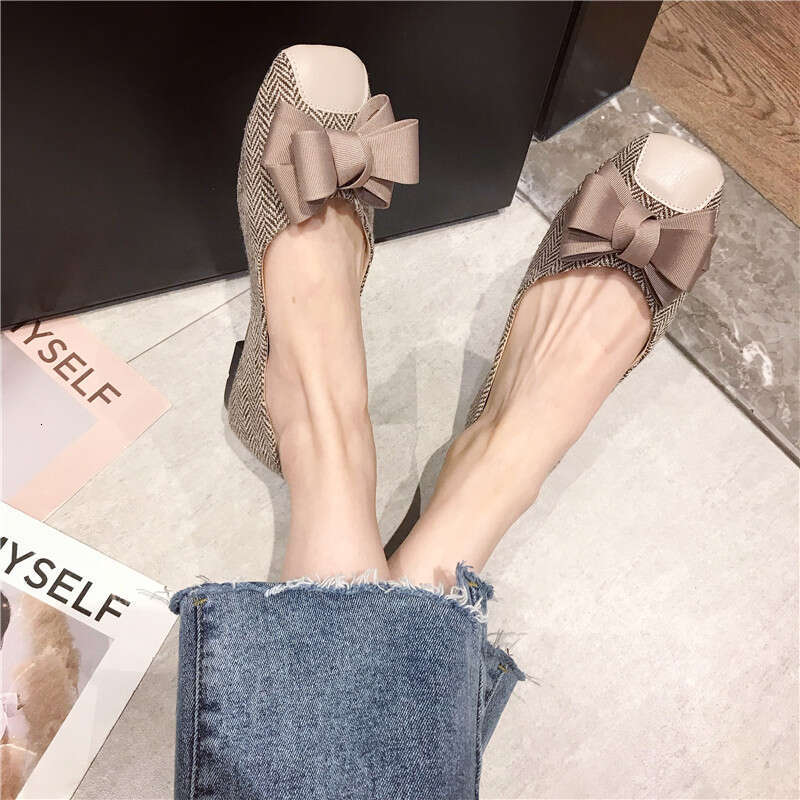 2023 Autumn New Versatile Butterfly Bow Square Head Flat Checkered Fabric Soft Soled Shallow Mouth Bean For Women, Single Shoes