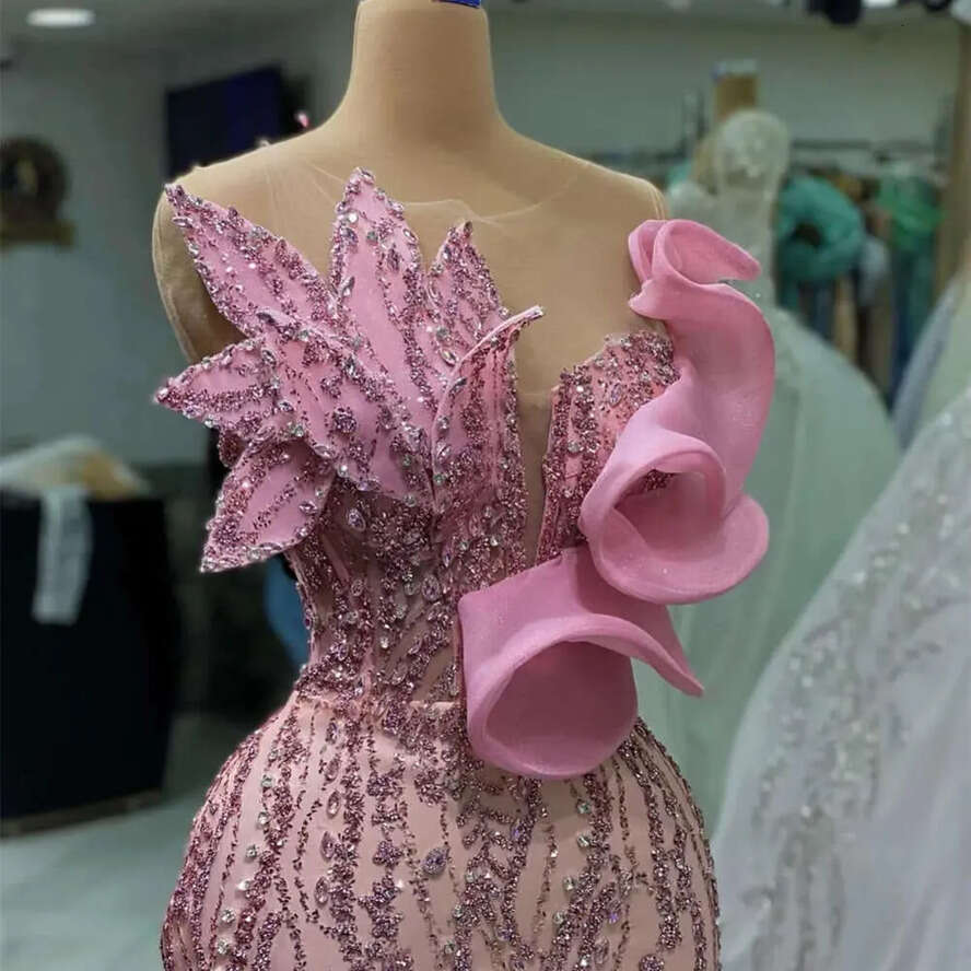 Mermaid Ebi Pink Aso August Prom Dress Crystals Sequined Lace Evening Formal Party Second Reception Birthday Engagement Gowns Dresses Robe De Soiree Z
