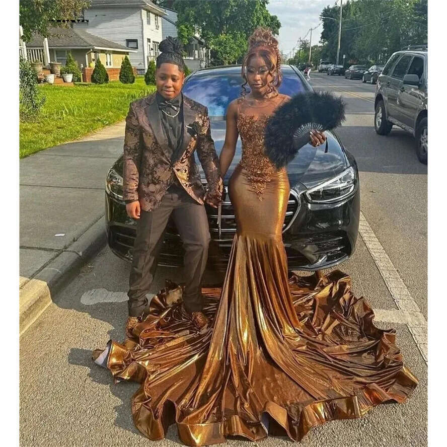 Elegant Brown Satin Mermaid Prom Dresses For Black Girl With Glitter Dia Crystal Evening Birthday Reception Gowns Robe De Bal