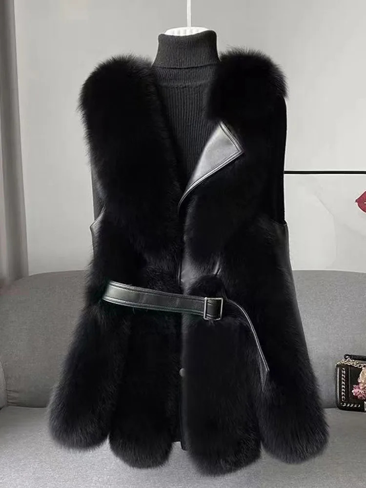 Faux Fur Coat Women Fashion Sleeveless Thicken Female Waistcoat 2024 Autumn Winter Lace Up Fluffy Warm Loose Lady Jackets 241105