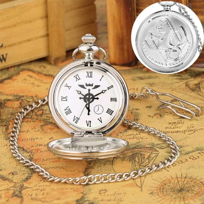 Simple Silver Fullmetal Alchemist Quartz Pocket Watch Edward Elric Anime Clock Design Pendant Cosplay Fans Necklace Chain GiftsX241104